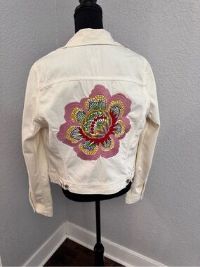 Vintage Lucky Brand Cream Denim Jacket with Pink & Multi-Color Floral Embroidery